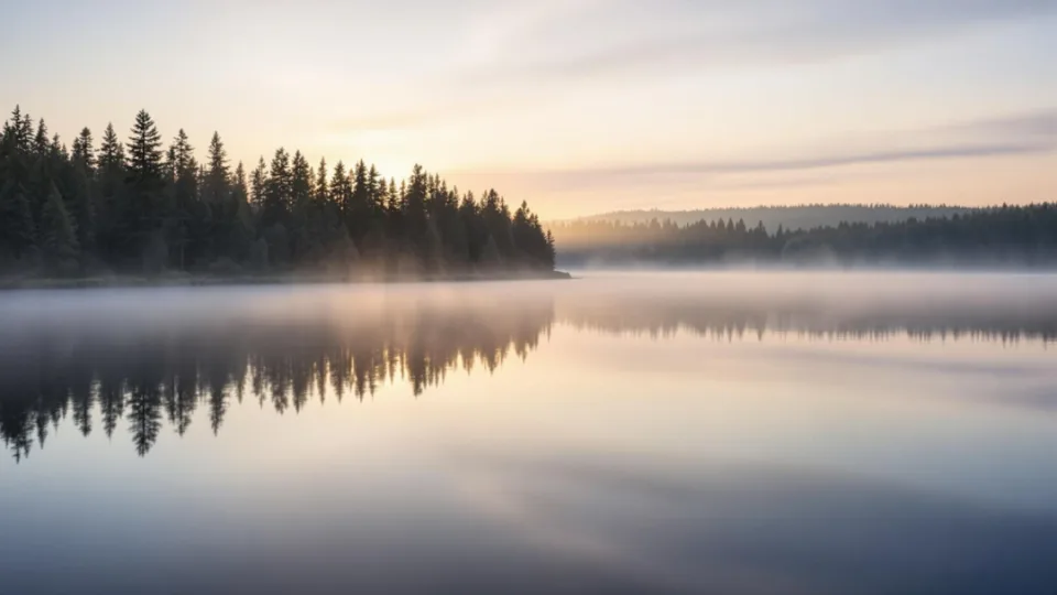 Lever de soleil sur le lac de Vassivière entouré de sapins, reflet parfait dans l'eau calme, atmosphère paisible et brume légère — illustration du slow tourisme en Creuse.