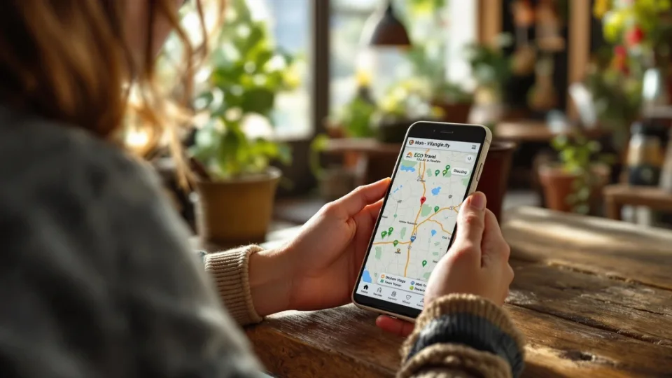 Voyageuse utilisant une application de voyage durable dans un café rustique, carte affichée à l'écran, ambiance chaleureuse, bois brut et lumière naturelle — illustration du tourisme lent connecté.