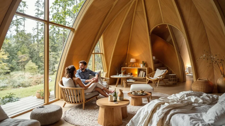 Couple profitant d'un séjour slow dans une cabane écologique de luxe, architecture en bois courbé, vue sur la forêt, décoration minimaliste et naturelle — illustration d'un hébergement haut de gamme en pleine nature.