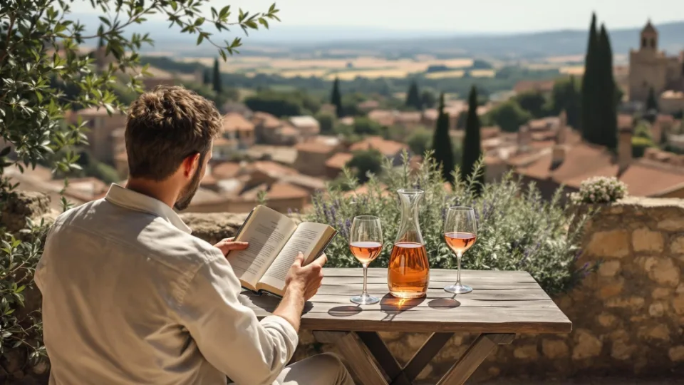 Homme lisant en terrasse face à un village provençal, savourant un moment de calme avec un verre de rosé.