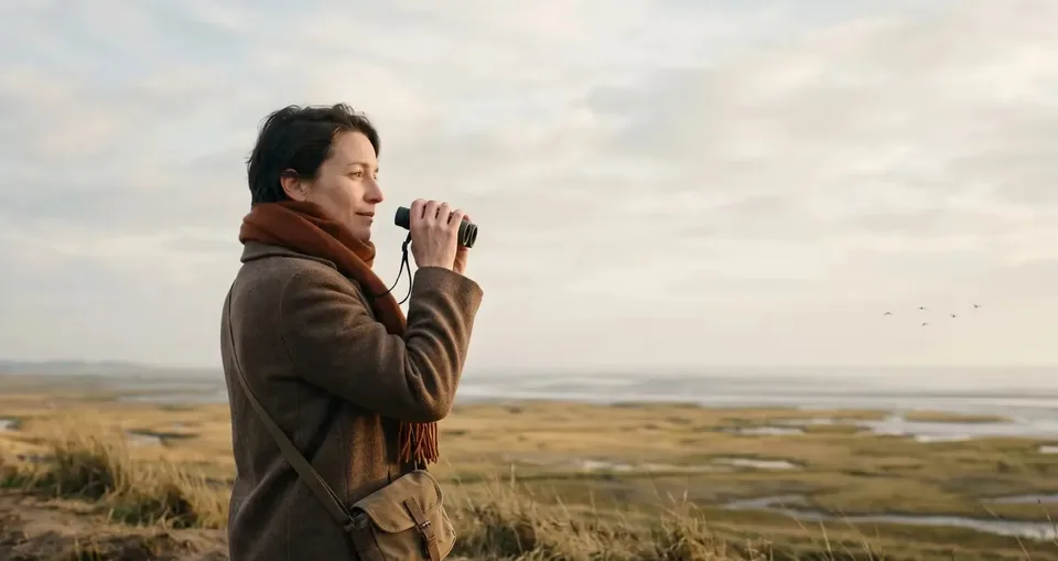 Promeneuse observant les oiseaux aux jumelles devant les prés salés de la Baie de Somme à l'heure dorée - week-end nature dans les Hauts-de-France.