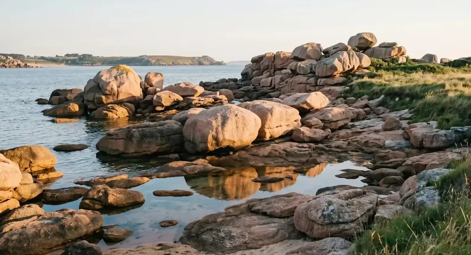 Sentier côtier du GR34 sur une falaise de granit bretonne à l'heure dorée, phare au loin et mer calme - escapade en Bretagne.