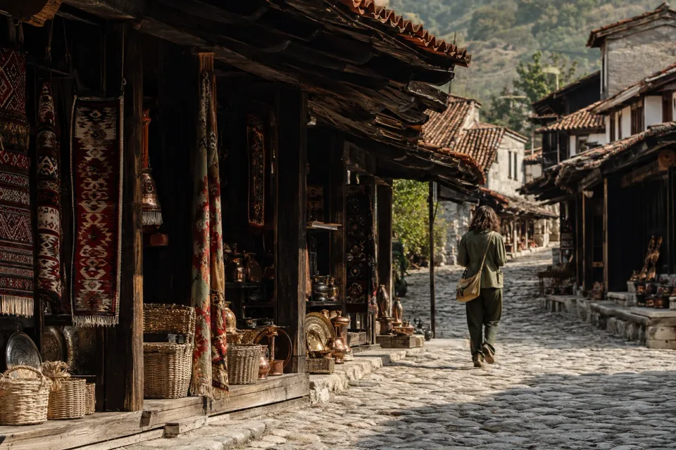 Illustration du vieux bazar de Krujë : boutiques en bois, tapis et voyageur dans une ruelle pavée.