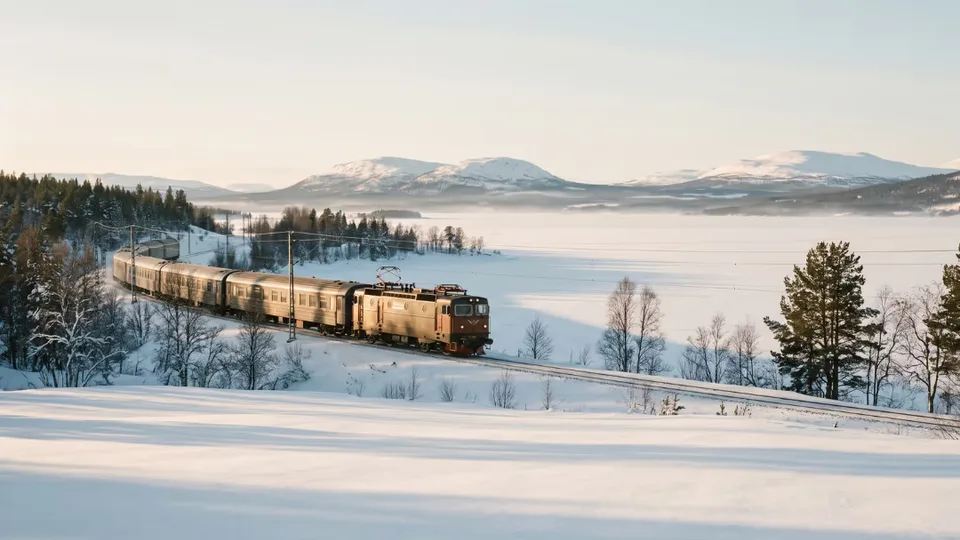Train longeant un lac gelé et des montagnes enneigées de Laponie suédoise à la lumière rasante de l'hiver, sur la voie de la Malmbanan