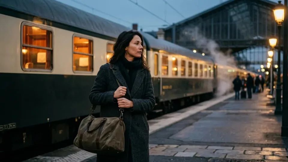 Quai de gare au soir, un train de nuit à l'arrêt prêt au départ, lumière chaude des voitures-lits et voyageuse au sac de toile longeant le train