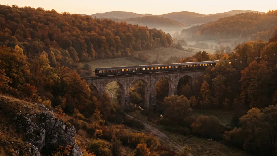 Train de nuit aux fenêtres éclairées traversant un viaduc de pierre dans une vallée boisée d'Europe centrale aux couleurs d'automne, à l'heure dorée