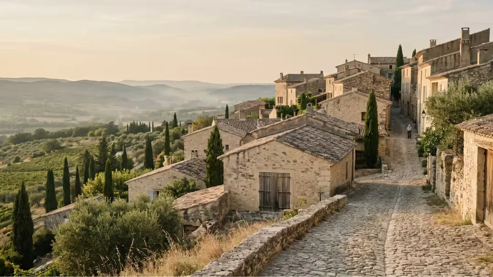 Village français en pierre dorée à l'heure dorée, ruelle pavée descendant vers une vallée brumeuse plantée de cyprès et d'oliviers