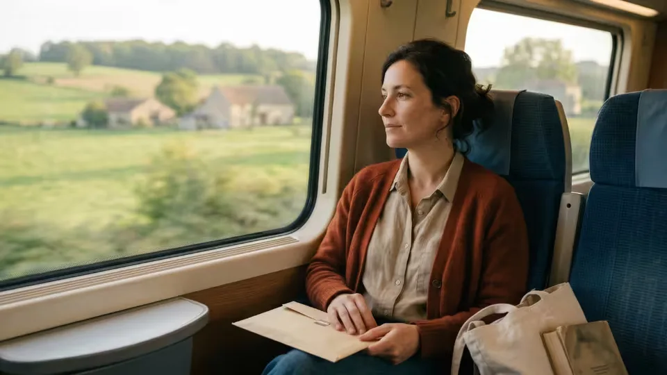 Voyageuse dans un train regardant le paysage français défiler par la vitre, une enveloppe scellée à destination mystère posée sur les genoux