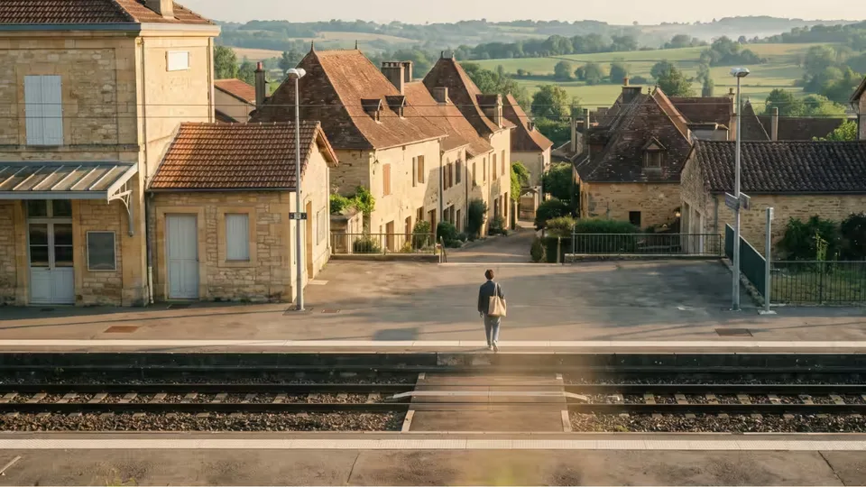 Quai de gare régionale française à l'heure dorée, une silhouette marche le long des voies face à un village en pierre et la campagne verdoyante