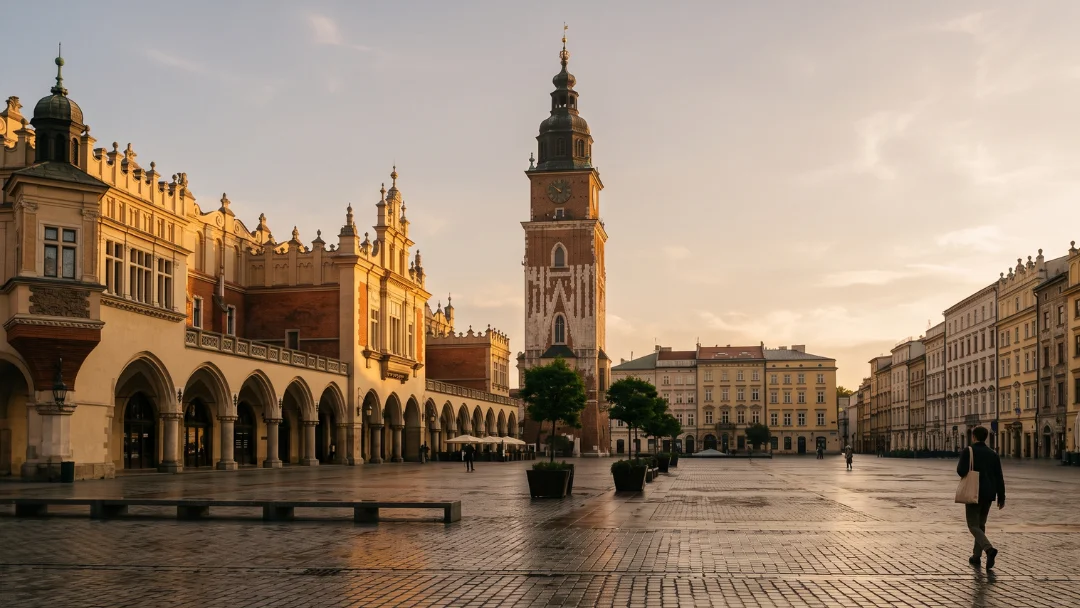 Grand-Place de Cracovie : la halle aux draps et la tour de l'hôtel de ville à l'heure dorée, un passant traversant les pavés, en Pologne